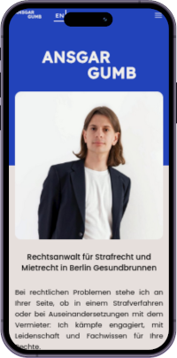 Startseite der Kanzleiwebsite von Rechtsanwalt Ansgar Gumb mit Logo, Foto und Einleitungstext im mobilen Layout