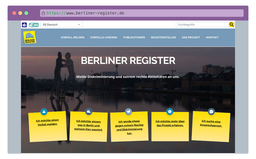 Screenshot der Startseite der Berliner-Register-Website. Aufgenommen auf dem Computer.