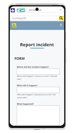 Screenshot des Formulars zum Melden von Vorfällen auf der Website der Berliner Register. Aufgenommen mit einem Mobiltelefon, in Englisch.